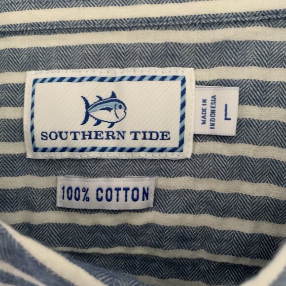 Southern Tide Shirt Mens Large Blue Striped Short Sleeve Button Up Woven Cotton - Picture 2 of 6